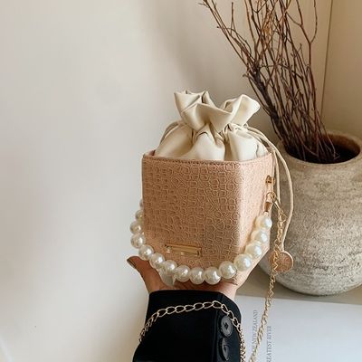 Summer Fashion Candy Color Bucket Bag With Pearl Chain Shoulder Sling Bag for Women