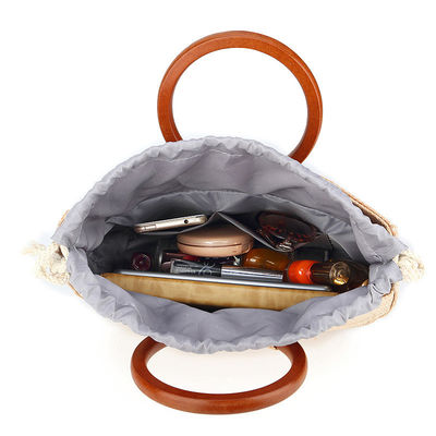 Women's Bag Woven With Grass And Wooden Handle For Leisure Featuring Fashion Designs