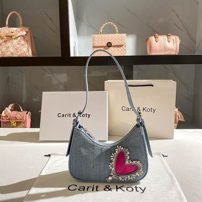 Stylish Heart-Shaped Denim Handbag for Women Single Handle Zipper Closure Cotton Lining