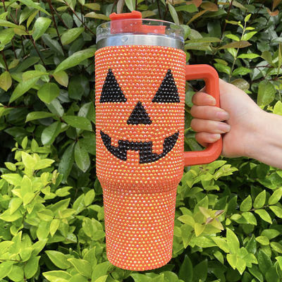 Design Halloween 40oz Rhinestone Tumbler with Pumpkin Pattern and Stainless Steel
