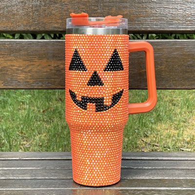 Design Halloween 40oz Rhinestone Tumbler with Pumpkin Pattern and Stainless Steel