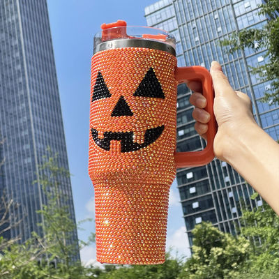 Design Halloween 40oz Rhinestone Tumbler with Pumpkin Pattern and Stainless Steel