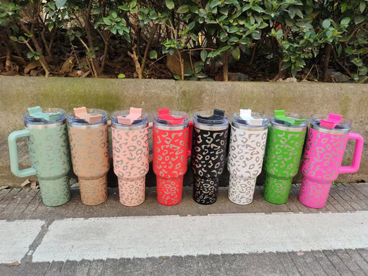 Customized Coffee Tea Beer Water Tumbler Cup with Handle Straw Lid Leopard Engraved Design