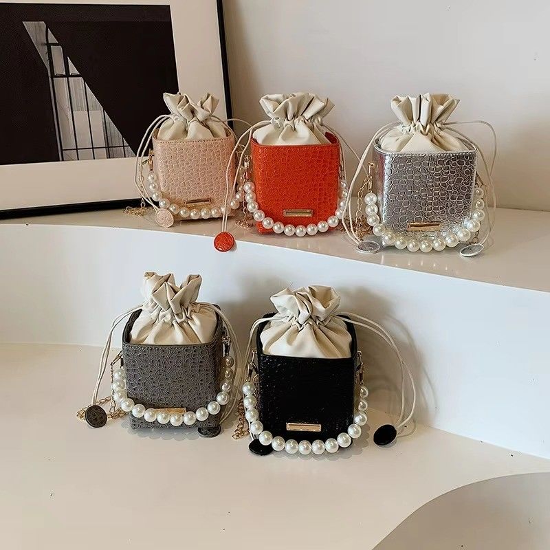 Summer Fashion Candy Color Bucket Bag With Pearl Chain Shoulder Sling Bag for Women