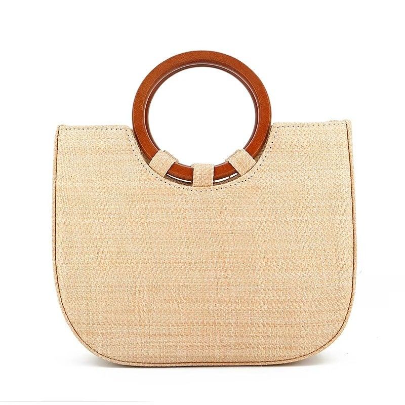 Women's Bag Woven With Grass And Wooden Handle For Leisure Featuring Fashion Designs