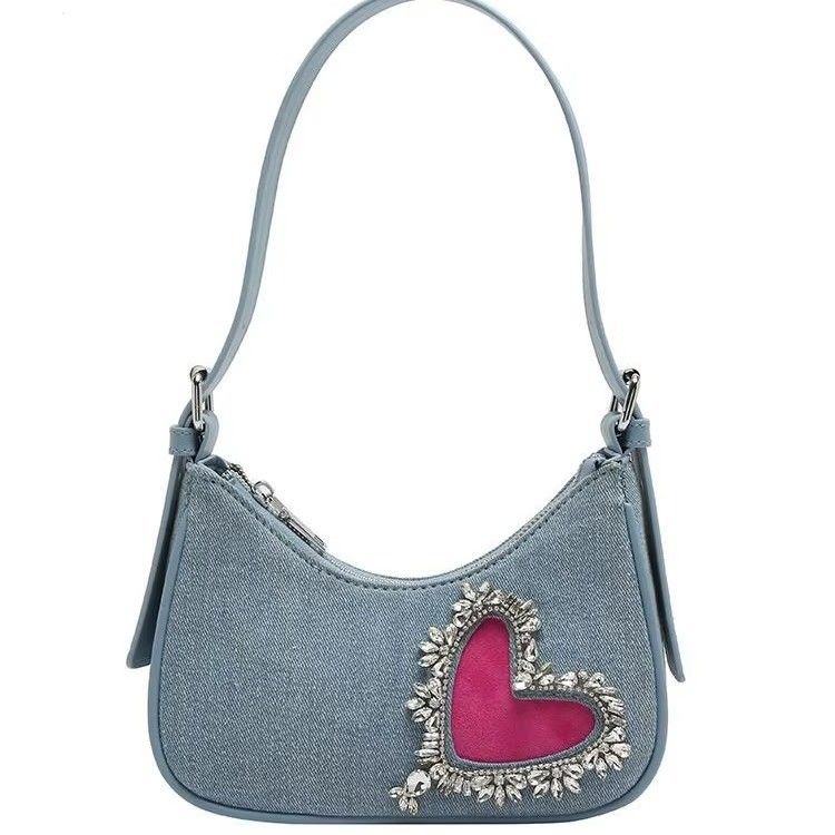 Stylish Heart-Shaped Denim Handbag for Women Single Handle Zipper Closure Cotton Lining